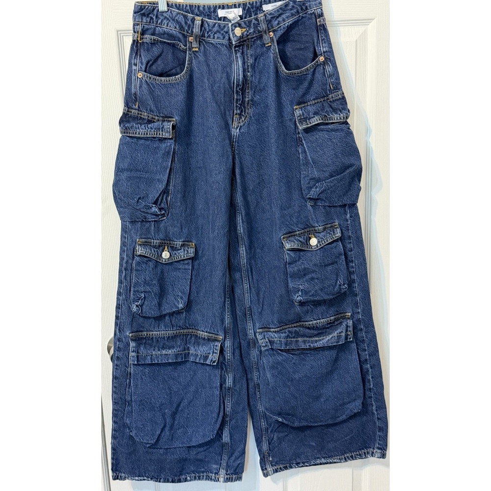 FOREVER 21 Women's Cargo Carpenter Skater Wide Leg Jeans Multi-Pockets Size 29"